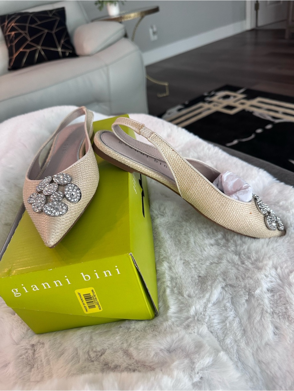 Gianni Bini Cream Slingback Flats with Crystal Flower Accents